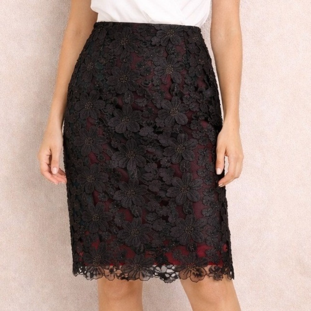KAY UNGER New York Black Lace Sheer Contrast Red Lining Mini Skirt Whimsigoth 2‎